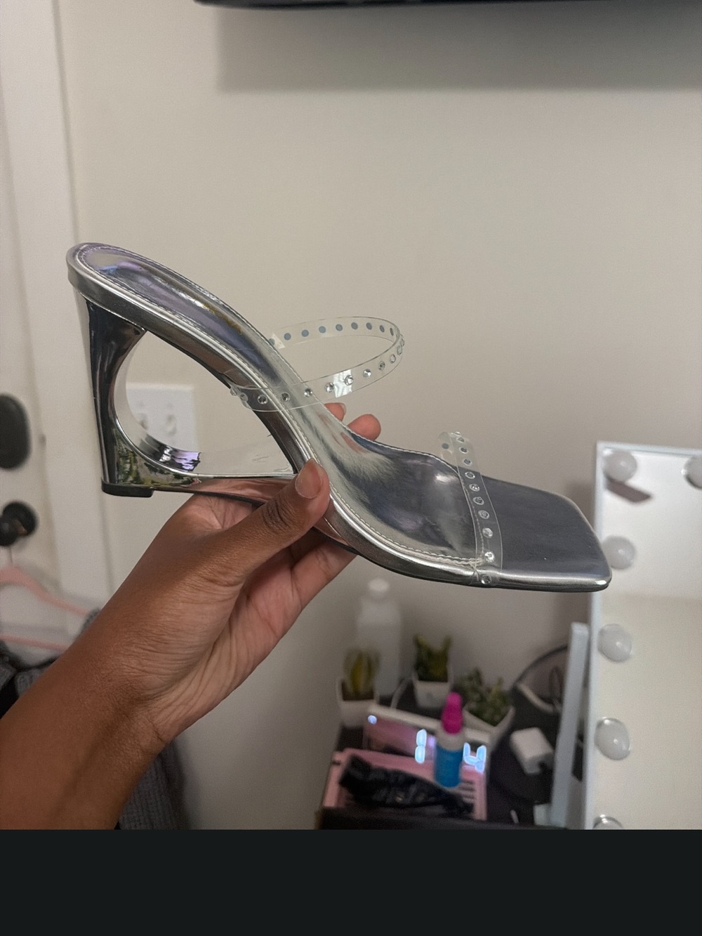 Clear Strap Silver Mule Heels for Women